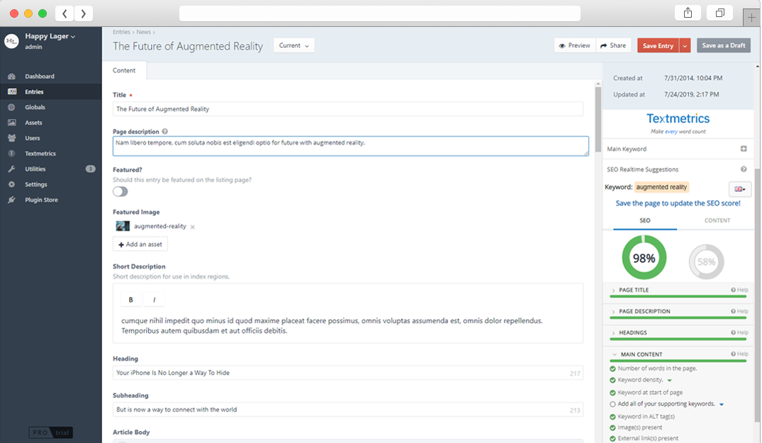 Textmetrics for Craft CMS 3