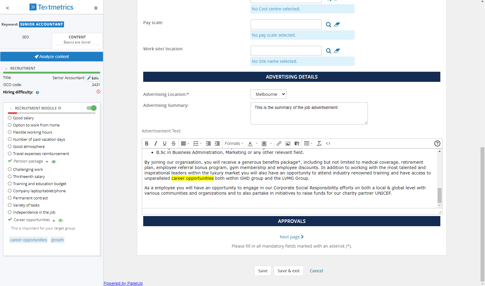 recruitment_module_highlighting Screenshot of the Textmetrics software being used on Recruitee's web-app