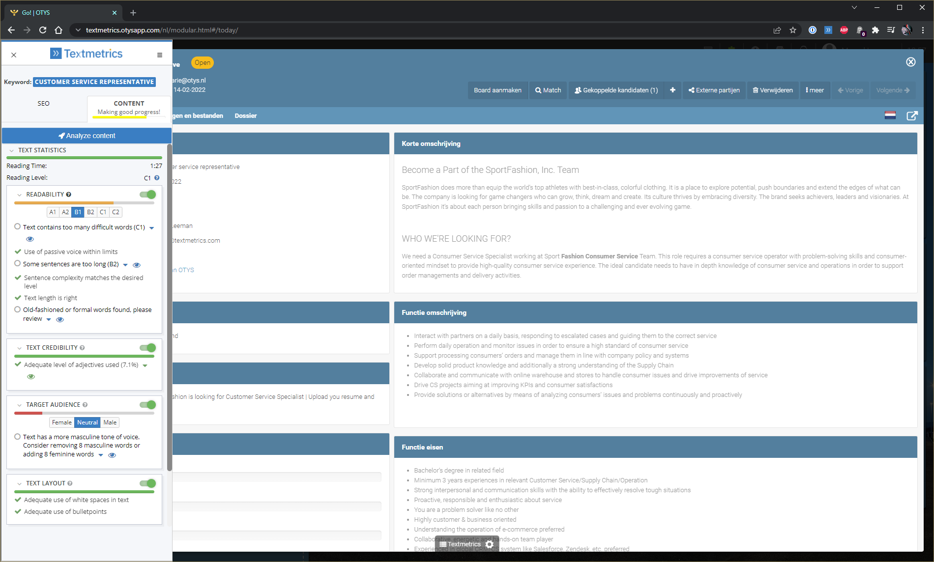 chrome_content_quality Screenshot of the Textmetrics software being used on Recruitee's web-app