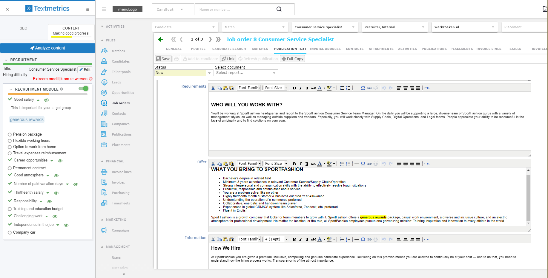 highlighting_module1 Screenshot of the Textmetrics software being used on Recruitee's web-app