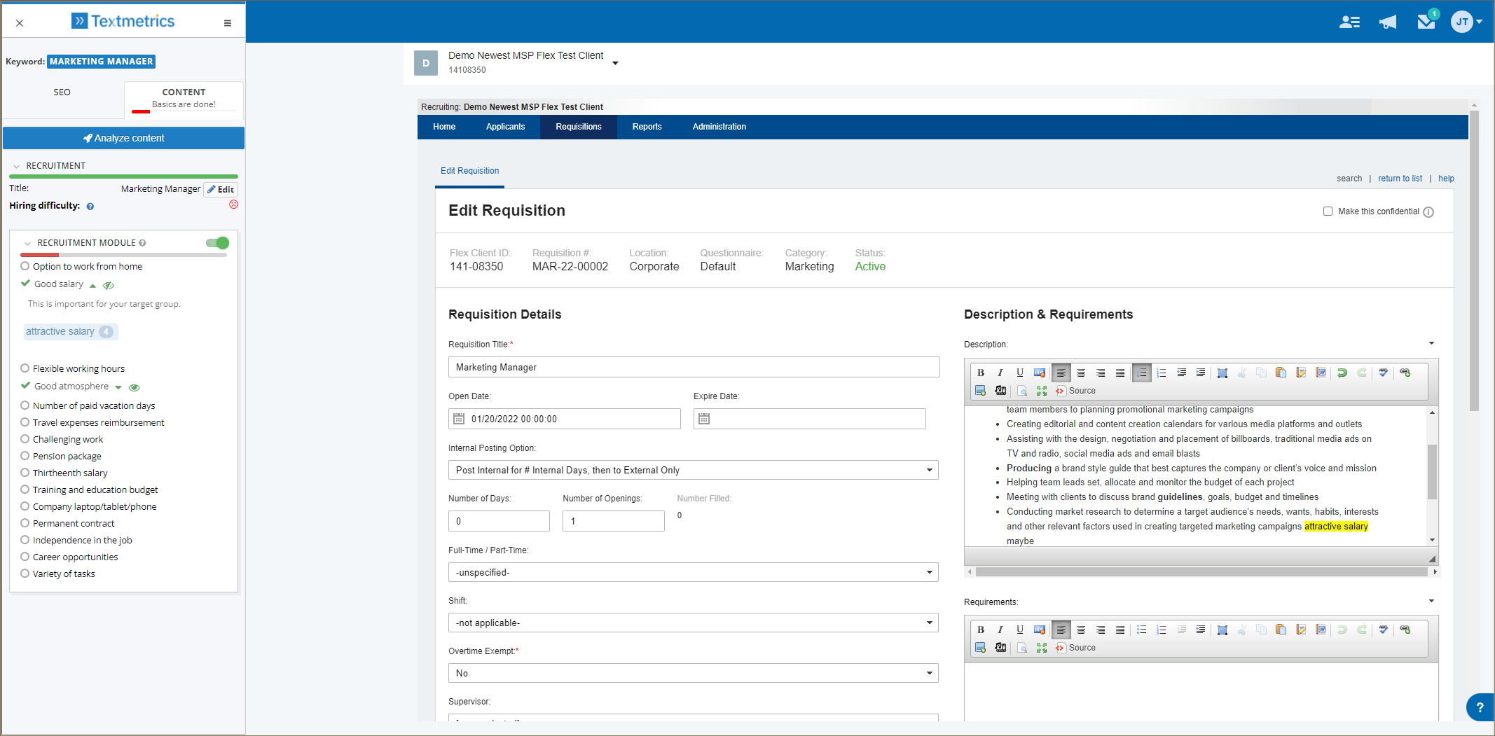 paychex_recruitment_module_highlighting Screenshot of the Textmetrics software being used on Recruitee's web-app