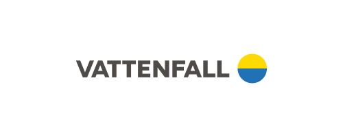 Text that reads vattenfall followed by a colored circle. The top half of the circle is yellow, the bottom half is blue.