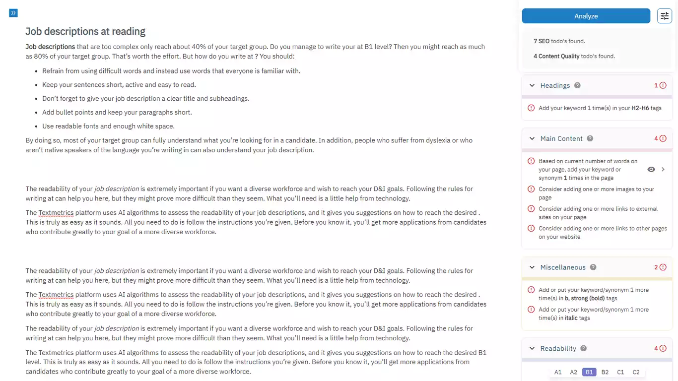 Screenshot of the Textmetrics Editor