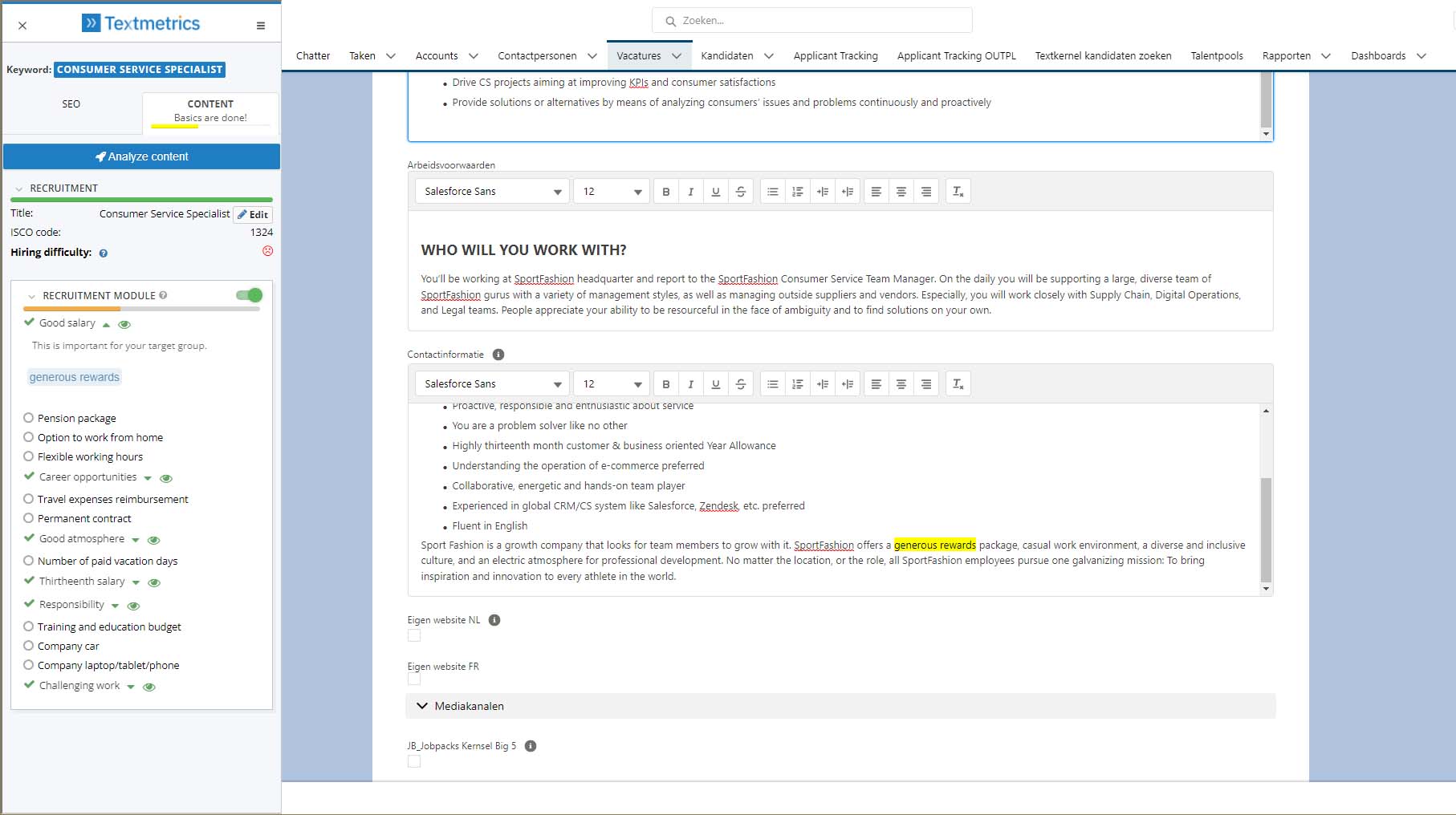 Screenshot of the Textmetrics software being used on Recruitee's web-app