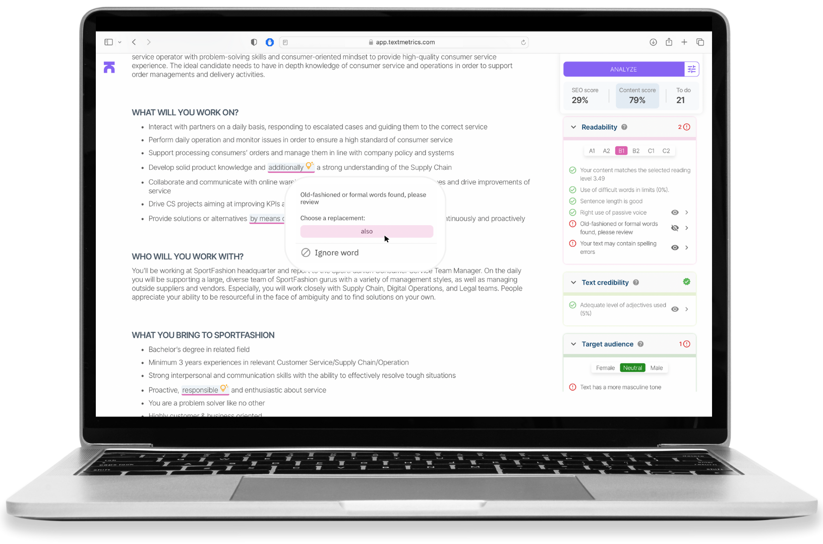 Textmetrics' editor op scherm